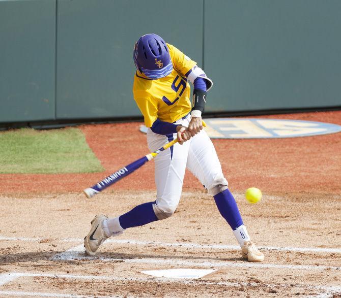 LSU senior catcher and infielder Sahvanna Jaquish (2) swings the bat during the Tigers&#8217; 2-0 victory over Georgia on Sunday, March 26, 2017, at Tiger Park.