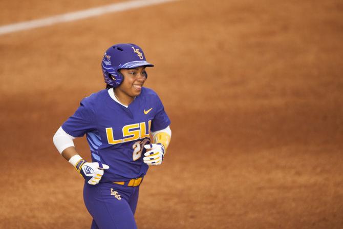 LSU sophomore infielder Shemiah Sanchez (23) makes it safely to first base during the Tigers&#8217; 4-3 victory over McNeese State University on Saturday, Feb. 11, 2017, in Tiger Park.