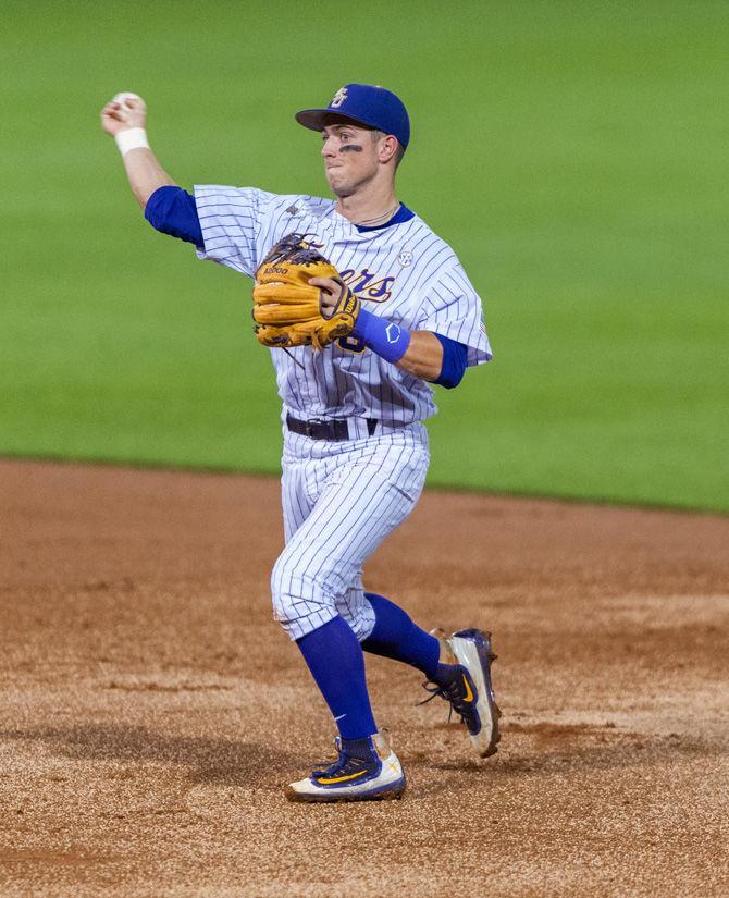 LSU senior infielder Cole Freeman (8) throws the ball on Tuesday, April 18, 2017, during the Tigers&#8217; 10-4 victory over Lamar at Alex Box Stadium.