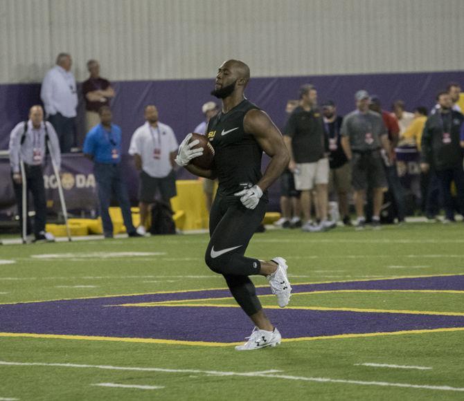 Former LSU running back Leonard Fournette participates in drills during the LSU football pro day on Wednesday, April 5, 2017 at the Charles McClendon LSU football practice facility.