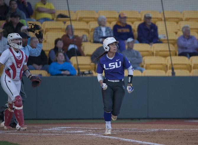 LSU senior catcher and infielder Sahvanna Jaquish (2) runs to first base during the Tigers&#8217; 10-2 victory over ISU on Friday, March 3, 2017, at Tiger Park.