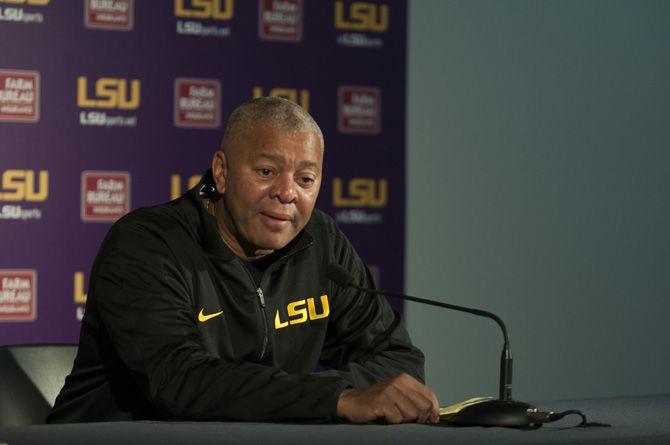 LSU Men's Basketball Head Coach Johnny Jones listens to a reporter's question on October 12, 2016 in the University Basketball Practice Facility.