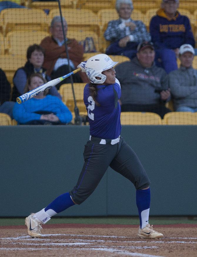 LSU senior catcher and infielder Sahvanna Jaquish (2) hits the ball during the Tigers&#8217; 10-2 victory over ISU on Friday, March 3, 2017, at Tiger Park.