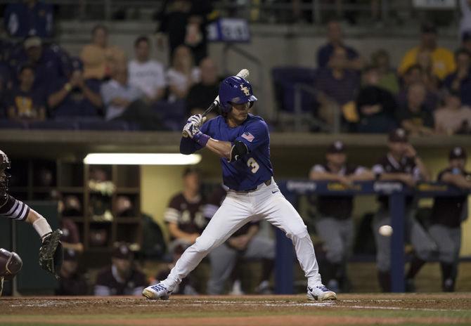 LSU senior shortstop Kramer Robertson (3) waits for a pitch during the Tigers' 7-4 win against Texas A&amp;M on Friday, March 31, 2017 at Alex Box Stadium.