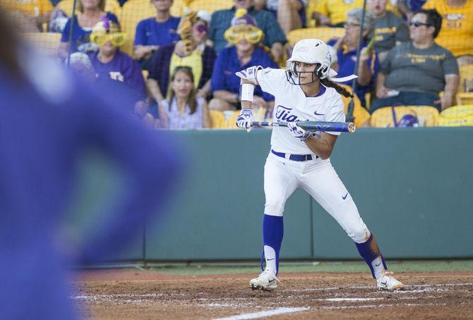 LSU senior Bailey Landry (26) shifts position for a bunt during the Tigers 2-1 win against Fairfield University on Friday May 19, 2017, at Tiger Park.