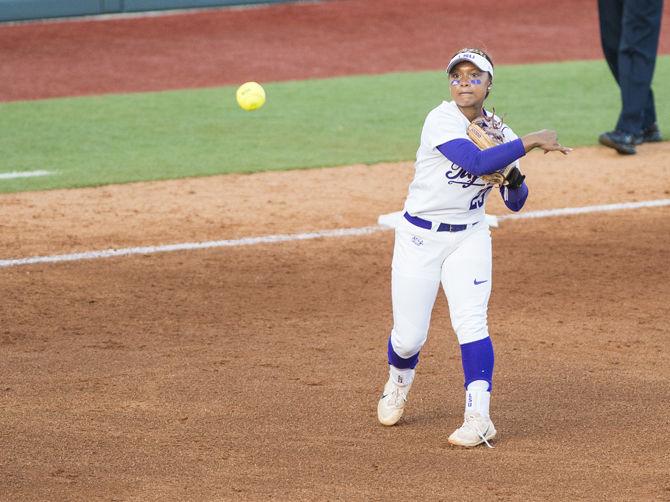 LSU sophomore Shemiah Sanchez (23) throws the ball to first base during the Tigers 2-1 win against Fairfield University on Friday May 19, 2017, at Tiger Park.