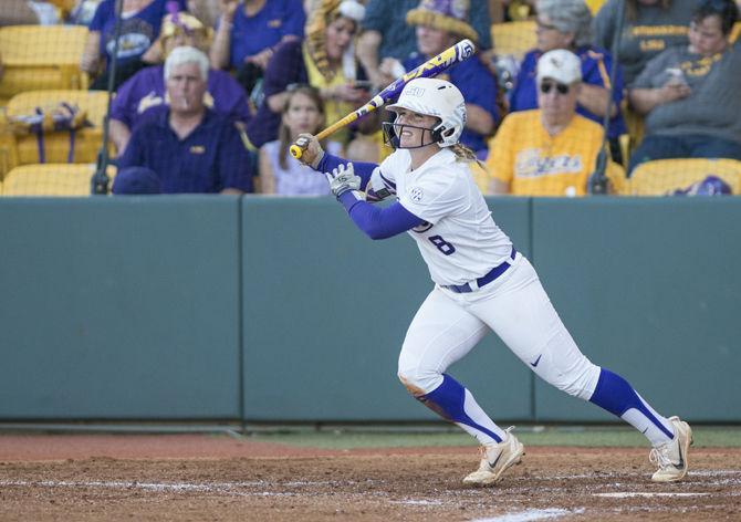 LSU junior Emily Griggs (8) watches the ball as it flies over center field from home plate during the Tigers 2-1 win against Fairfield University on Friday May 19, 2017, at Tiger Park.