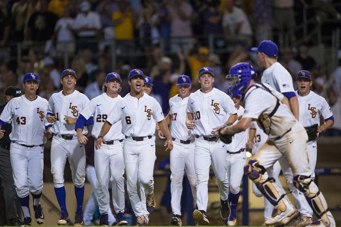 The LSU Tigers celebrate after getting the final out during LSU's 4-3 win against Mississippi State on Saturday June 10, 2017, at Alex Box Stadium.