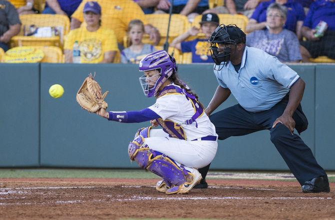 <p>LSU senior Sahvanna Jaquish (2) catches a pitch during the Tigers 2-1 win against Fairfield University on Friday May 19, 2017, at Tiger Park.</p>