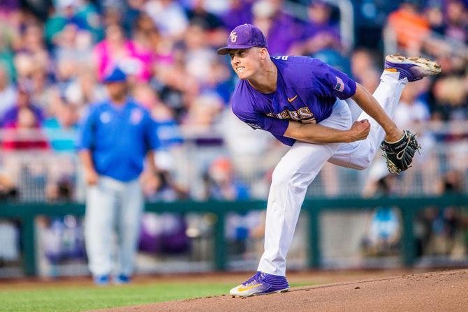 LSU senior pitcher Russell Reynolds (45) releases a pitch during their 4-3 loss against Florida on Monday June 26, 2017, at TD Ameritrade Park in Omaha, Nebraska.