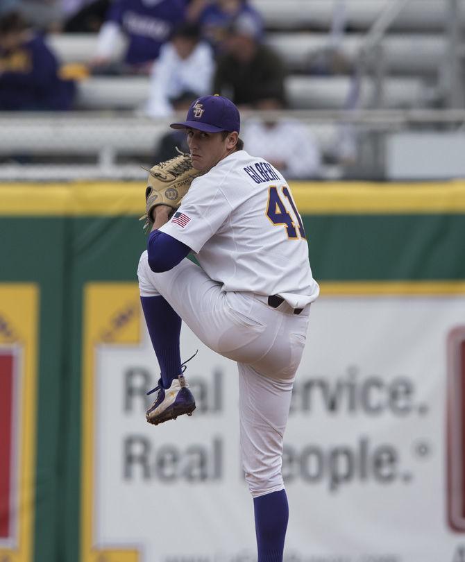 LSU sophomore pitcher Caleb Gilbert (41) prepares to enter in relief for junior pitcher Alex Lange (35) during the Tigers' 9-0 win against Army on Saturday, Feb. 18, 2017 at Alex Box Stadium.