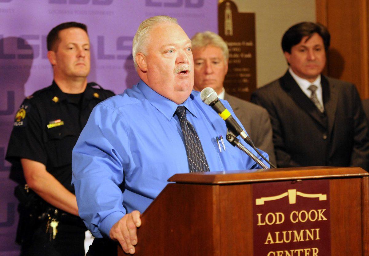 LSUPD Police Chief Maj. Lawrence Rabalais speaks to the press Wednesday, Sept. 19, 2012 about the University's efforts to detain William Bouvay Jr., 42, after he made a bomb threat to LSU's campus on Monday.&#160;