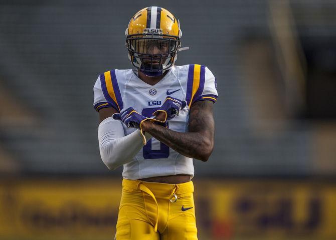 LSU sophomore cornerback Saivion Smith (8) crosses his arms at Tiger Stadium during the Tigers' Spring Game on April 22, 2017.