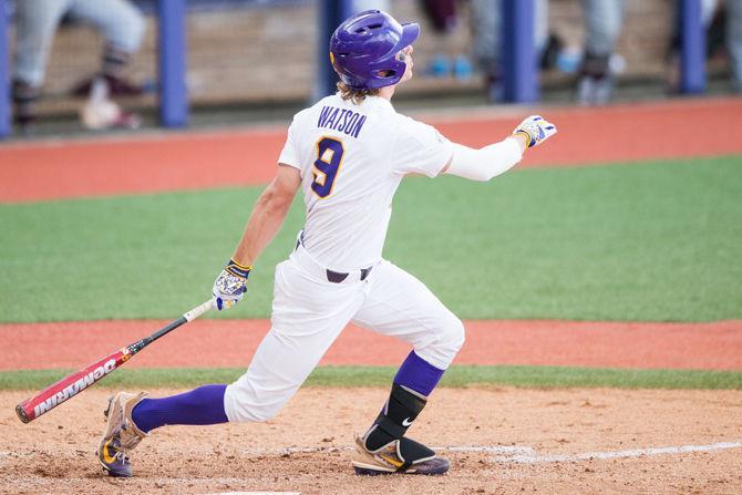 LSU freshman center fielder Zach Watson (9) watches as his ball flies over the left field wall for a home run during Friday's game against Texas Southern on June 2, 2017, in Alex Box Stadium.