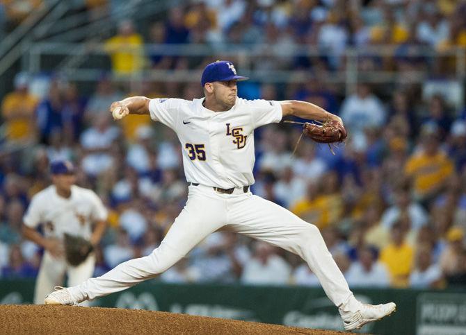 LSU junior pitcher Alex Lange (35) pitches the ball during LSU's 4-3 win against Mississippi State on Saturday June 10, 2017, at Alex Box Stadium.