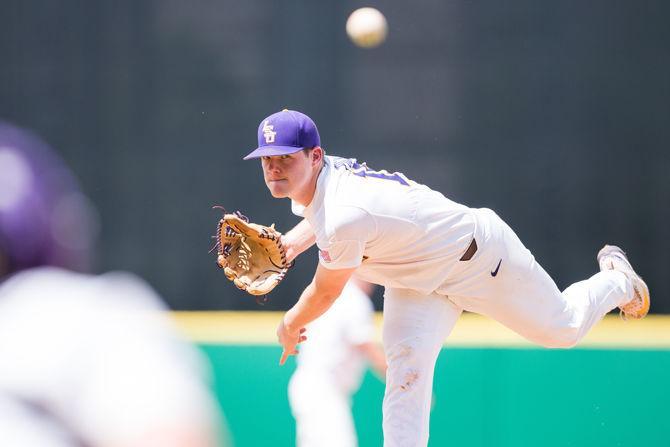 LSU senior pitcher Jared Poch&#233; (16) releases a pitch during Friday's game against Texas Southern on June 2, 2017, in Alex Box Stadium.