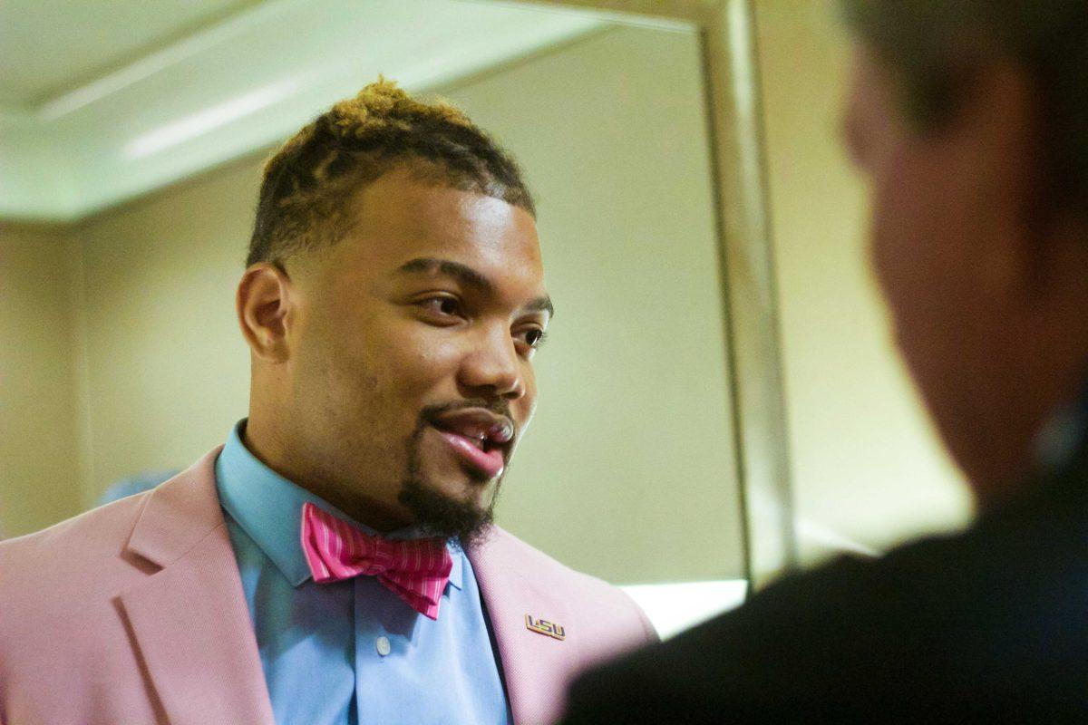 Junior running back Derrius Guice speaks with local media before he enters the Press Conference at the 2017 SEC Media Days in Hoover, Alabama.&#160;