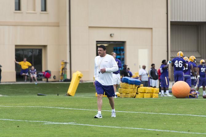 LSU coach Ed Orgeron spectates during the first spring football practice on Saturday, March 11, 2017 at the Charles McClendon LSU football practice facility.