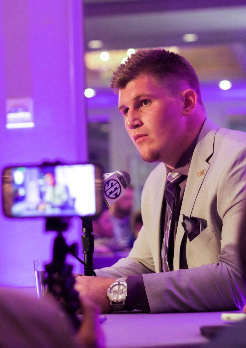 Senior defensive end Christian LaCouture answers questions from the media at the 2017 SEC Media Days on July 10 in Hoover, Alabama.&#160;