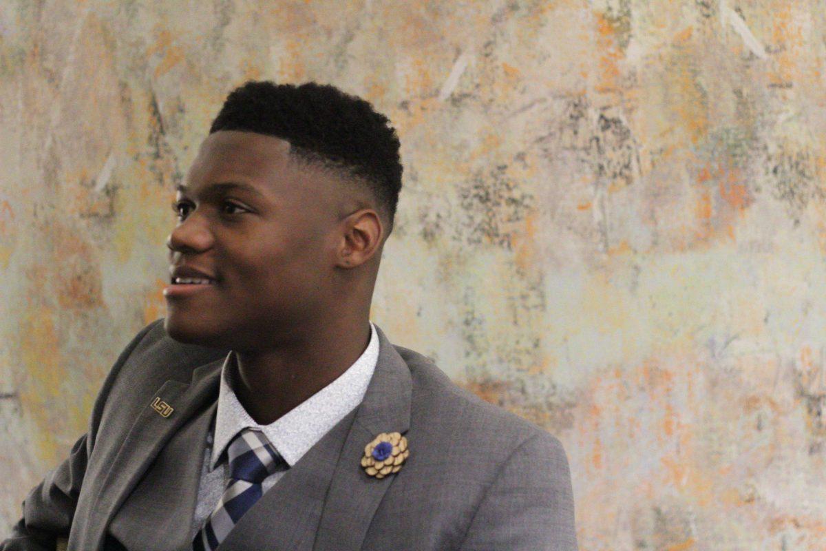 Senior wide receiver DJ Chark speaks with local media before going to the Press Conference at the 2017 SEC Media Days on July 10 in Hoover, Alabama.&#160;