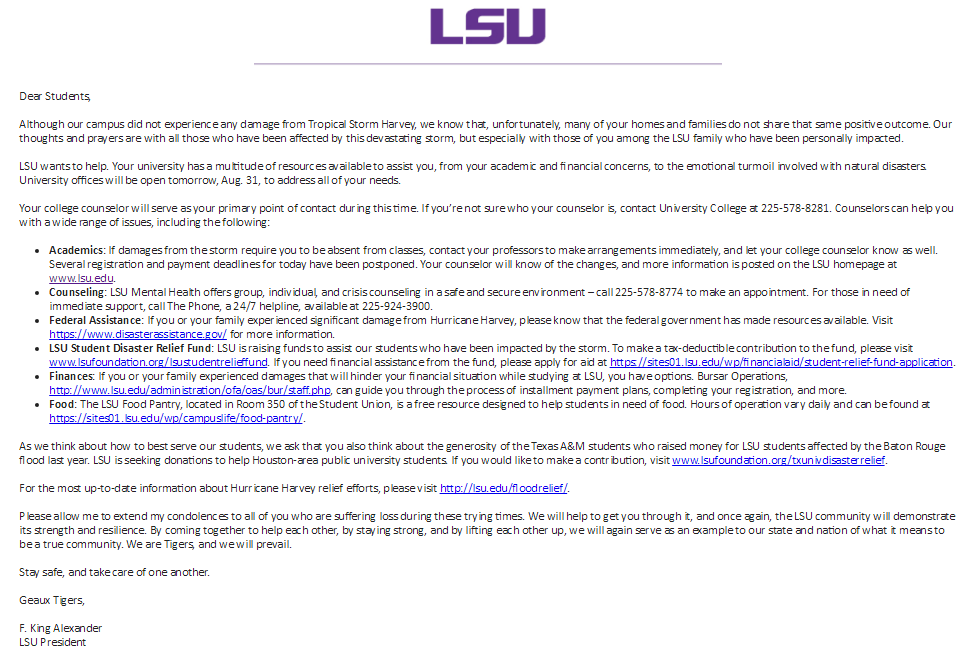 LSU President F. King Alexander highlights resources, encourages donations