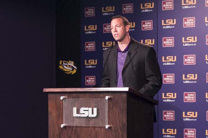 <p>Eddie Nunez, Senior Associate Athletics Director, speaks about the upcoming LSU vs. South Carolina game being moved to Tiger Stadium, on Wednesday, Oct. 07, 2015, at LSU.</p>