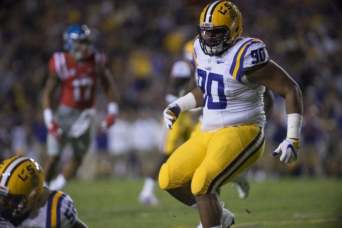 LSU freshman defensive end Rashard Lawrence (90) persuing the play on Saturday Oct. 22, 2016 during the Tigers' 38-21 victory over Ole Miss at Tiger Stadium.