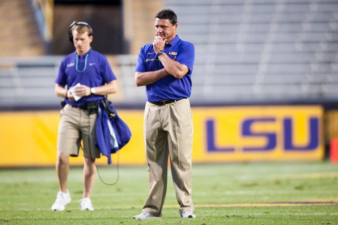 LSU coach Ed Orgeron watches a play during the 2017 National L Club Spring football game on Saturday, April 22, 2017.