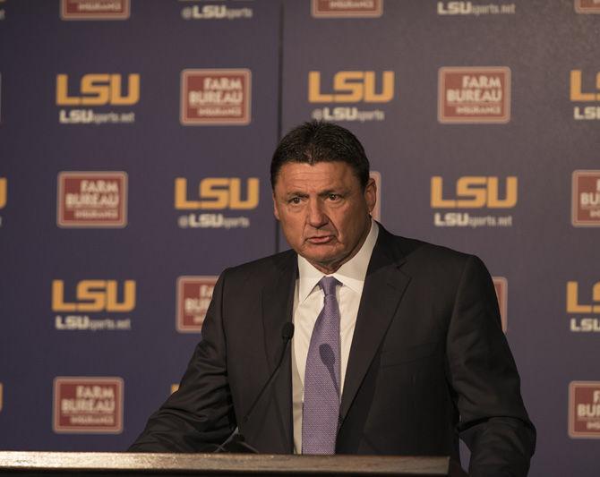 LSU football head coach Ed Orgeron introduces assistant head coach and recruiting coordinator Tommie Robinson and wide receivers coach Mickey Joseph to the media on Thursday, Feb. 9, 2017 in the Athletic Administration Building.