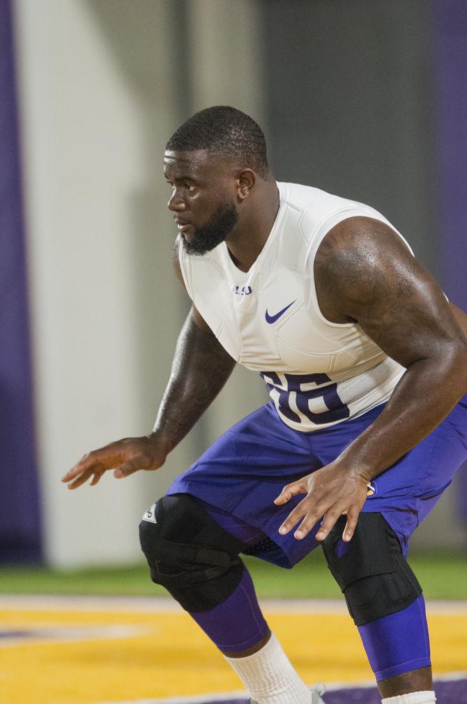 LSU junior offensive tackle Toby Weathersby (66) prepares for the start of the drill during practice on Monday, Aug. 28, 2017, at the LSU IFF.