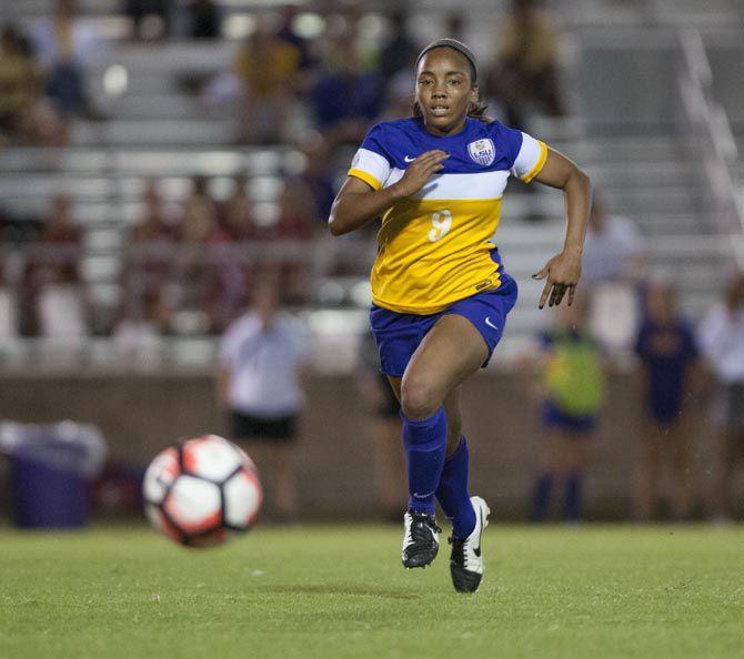 LSU sophomore defender Alex Thomas (9) dribbles the ball up field during Tigers 0-2 loss against University of Arkansas on Thursday Oct. 27, 2016.