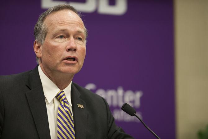 LSU President F. King Alexander introduces Mayor-President Sharon Weston Broome on Wednesday, April 19, 2017 in the Holliday Forum.