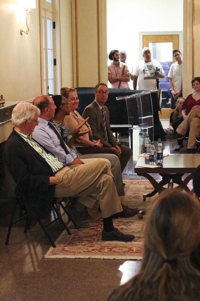 A panel on racism interacts with the crowd as they answer attendee&#8217;s questions in the French House, on Thursday Aug. 24, 2017.