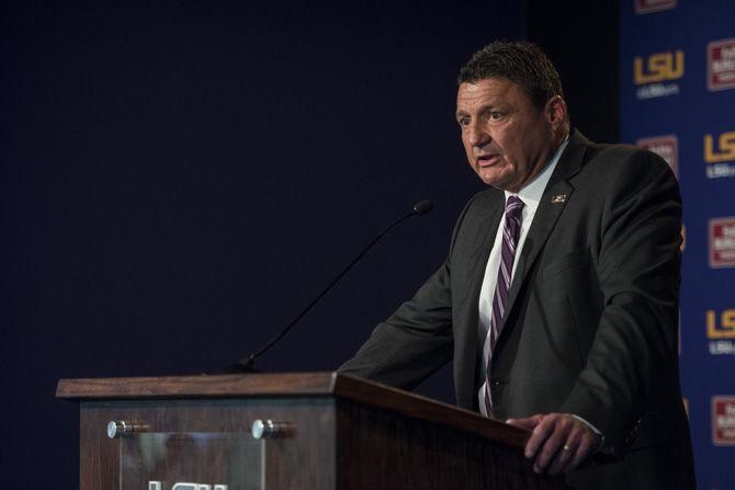 Newly appointed interim head football coach Ed Orgeron speaks to the press about the changes being made to LSU staffing and tactics to move forward on Monday September 26, 2016, in the press conference room in the LSU Athletic Administration building.