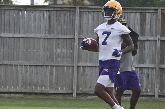 LSU senior wide receiver D.J. Chark (7) runs with the ball at football practice on Monday, Aug. 21, 2017, at the McClendon Practice Field.