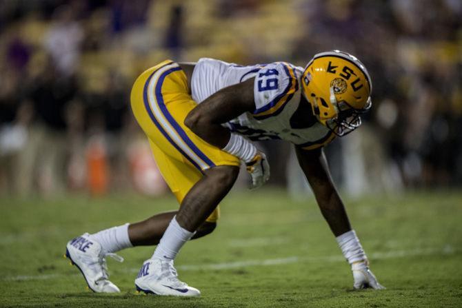 LSU sophmore defensive end Arden Key (49) prepares for defense n Saturday, Oct. 1, 2016 , during the 42-7 victory against Missouri oat Tiger Stadium.