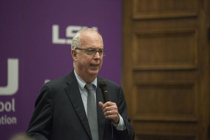 Dean Jerry Ceppos addresses the crowd before the showing of director Steve Mims' Starving the Beast: The Battle to Disrupt and Reform America's Public Universities on Monday, April 18, 2016 in Manship's Holliday Forum.