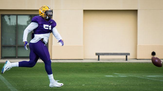 LSU junior linebacker Jonathan Rucker (51) practices football during spring football practice on Tuesday, April 4, 2017, at the Charles McClendon LSU football practice facility.