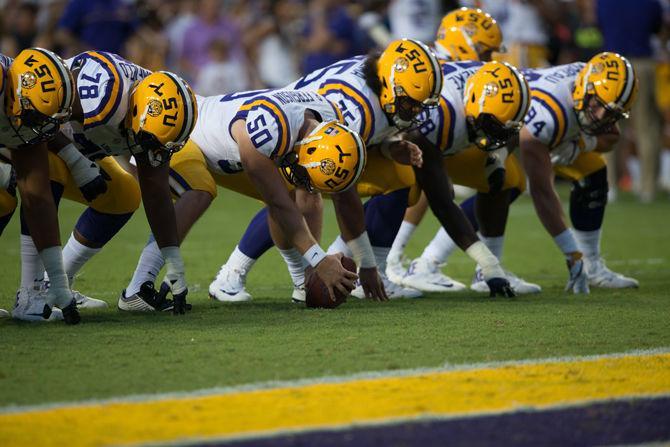 The LSU offensive line warms up before their matchup against Jacksonville State on Saturday, Sept. 10, 2016, where the Tigers' would go on to lead 27-10 at halftime.