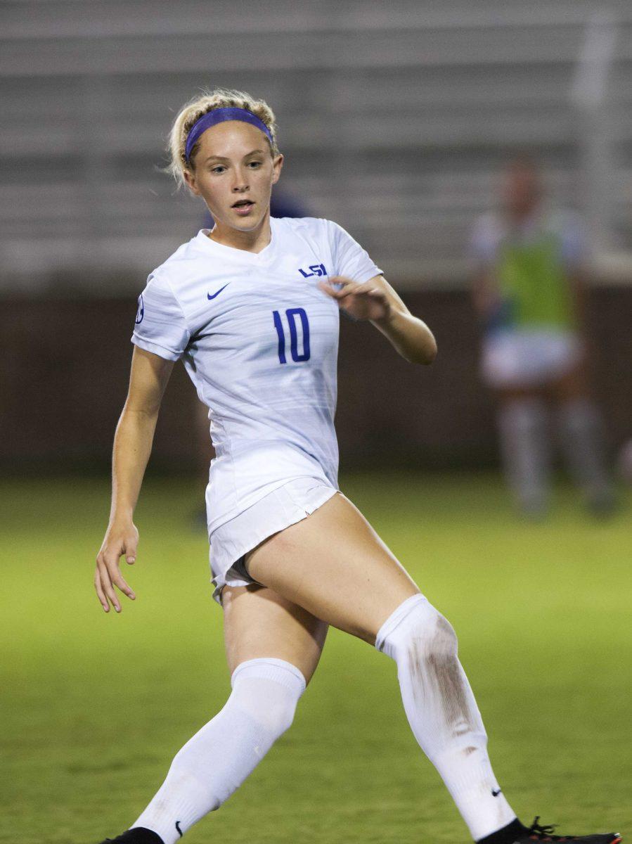 LSU senior forward Nicole Howard (10) runs during LSU's 2-0 win against Lamar University on Friday, Aug. 25, 2017, at LSU Soccer Stadium.