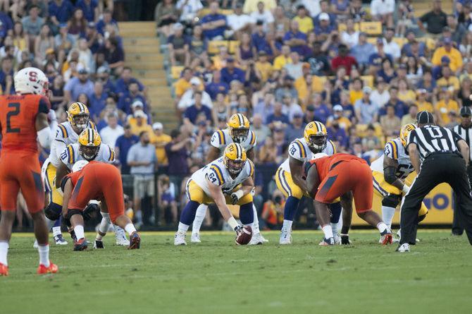 LSU football players line up during the Tigers' 35-26 win against Syracuse on Saturday, Sept. 23, 2017.