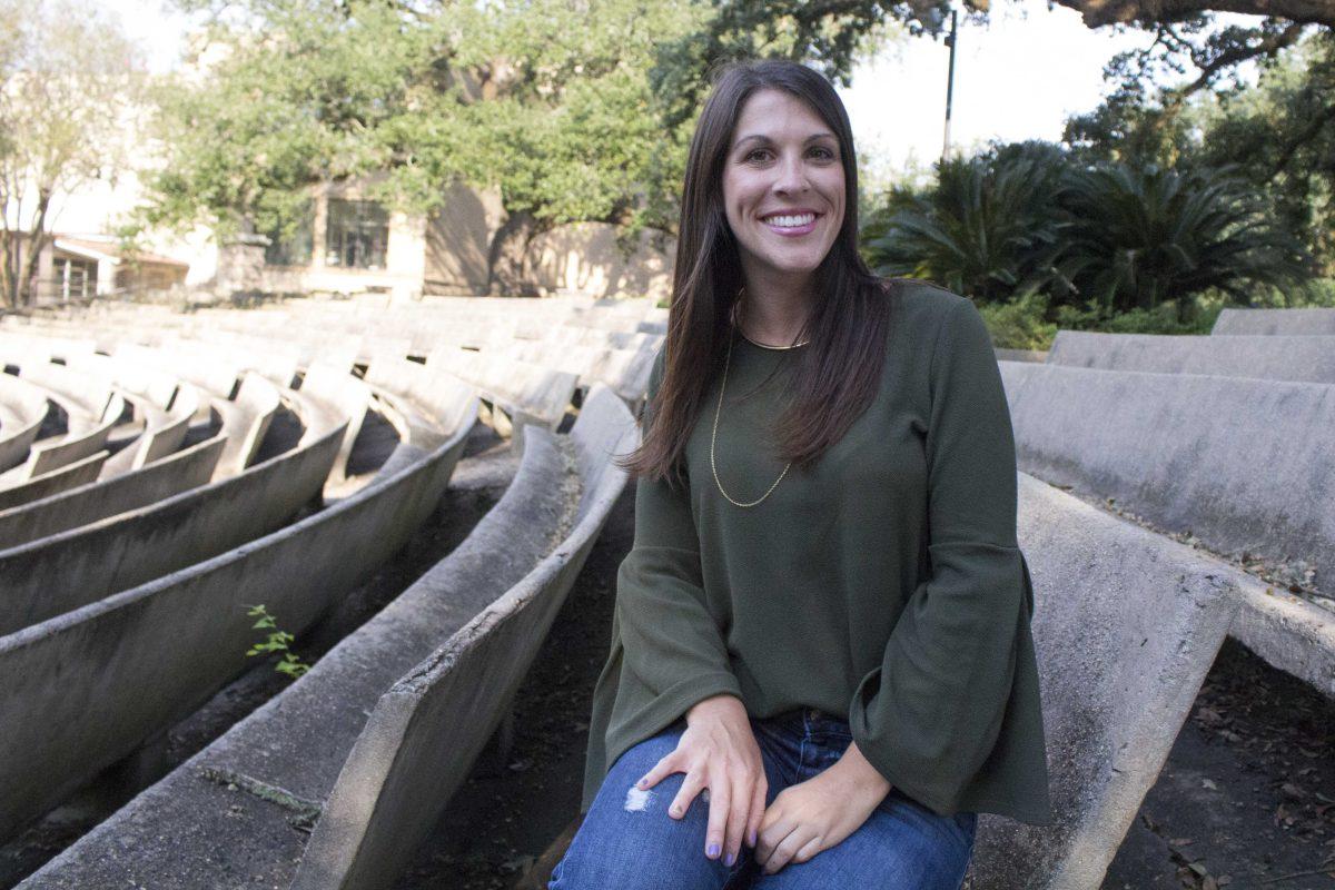 University alumna and Baton Rouge Fashion Council founder Leslie Presnall sits on the steps of the Greek amphitheater on Sept. 13, 2017.