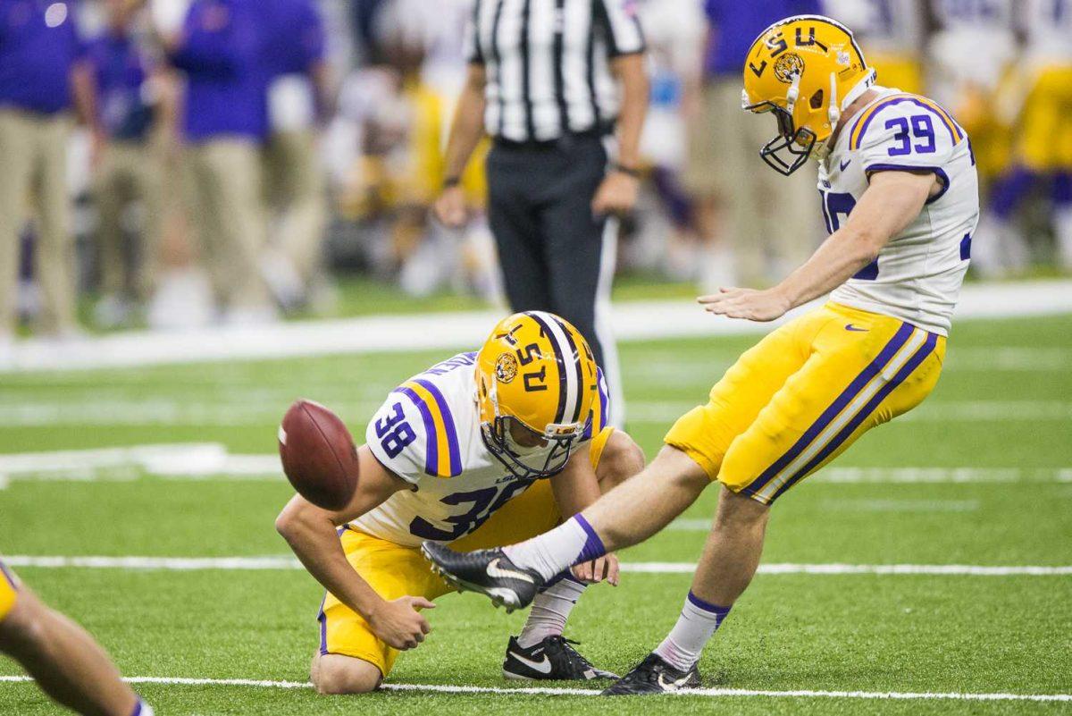 LSU sophomore kicker Jack Gonsoulin (39) kicks a field goal during LSU's 27-0 win against BYU on Saturday, Sept. 2, 2017, at the Mercedes-Benz Superdome in New Orleans.