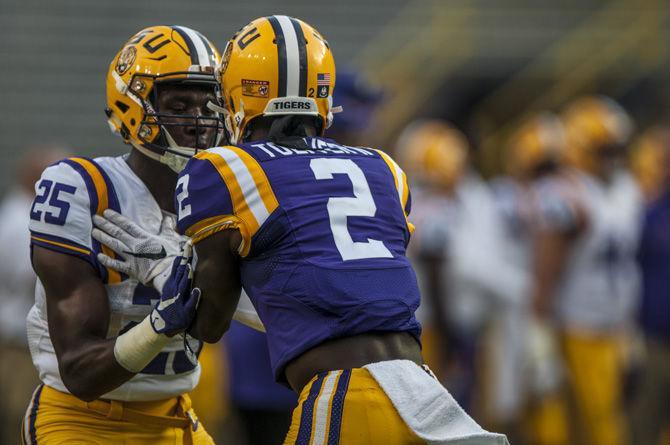 LSU junior cornerback Kevin Toliver II (2) defends sophomore wide receiver Drake Davis (25) at during the Tigers' Spring Game at Tiger Stadium on April 22, 2017.