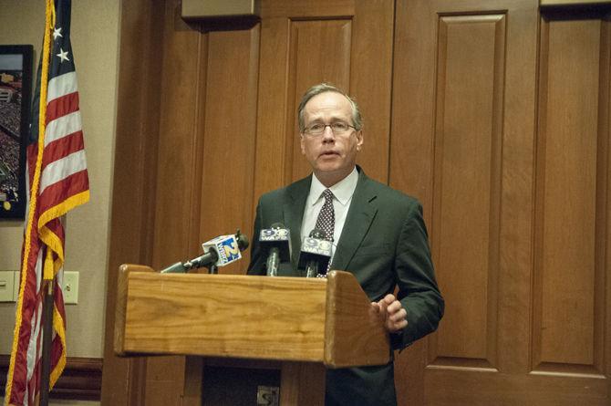 LSU President F. King Alexander speaks at the press conference regarding the investigation of the death of an LSU student on Wednesday, Sept. 14, 2017, at the Cook Hotel.