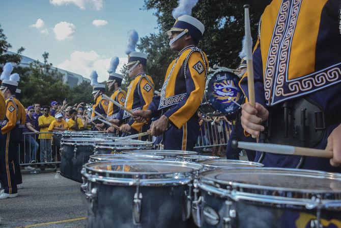 LSU band plays during the parade before the LSU v Chattanooga game on Saturday, Sept. 9, 2017, on North Stadium Drive.