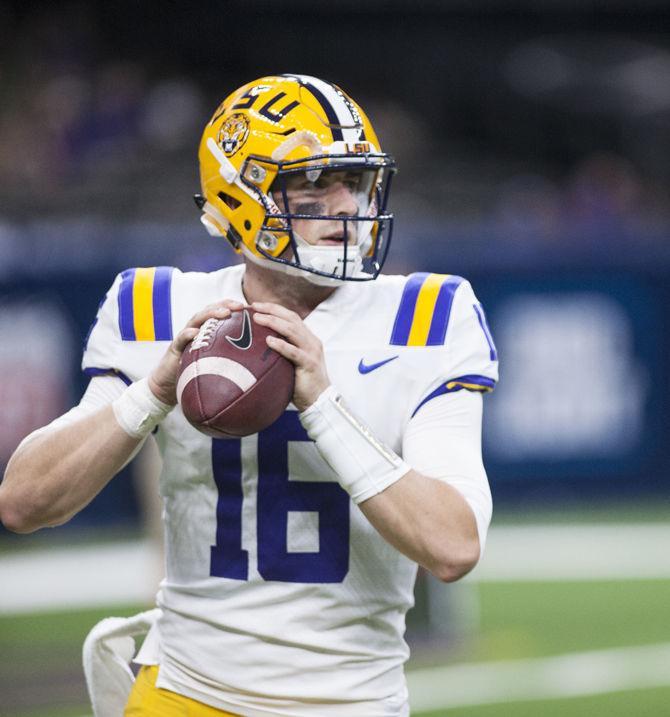 LSU senior quarterback Danny Etling (16) prepares to throw the ball on Saturday, Sep. 2, 2017, during the Tigers' 27-0 win against the BYU Cougars in the Mercedes-Benz Superdome in New Orleans, Louisiana.