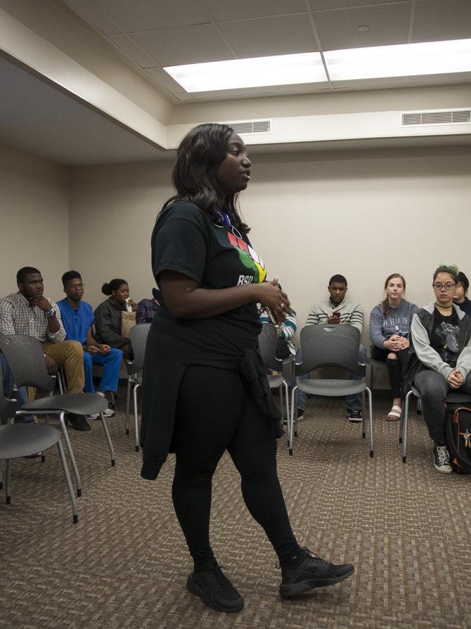 LSU Black Student Union President Destinee Merida gives opening remarks to "The Unapologetic Conversation" attendees on Nov. 10, 2016 in the African American Cultural Center.