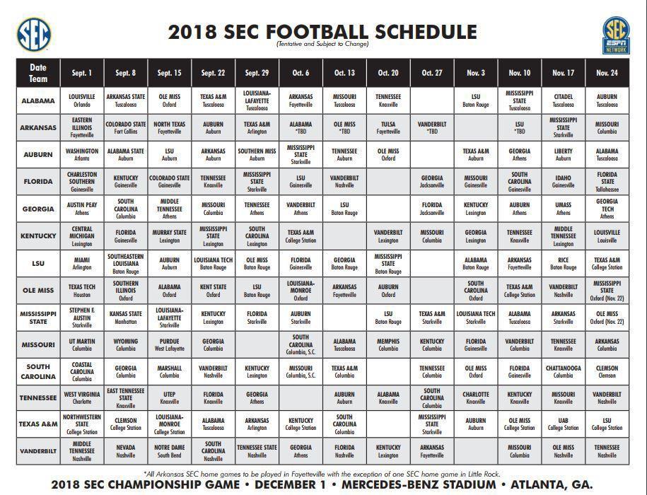 SEC, LSU release football schedule for 2018 season