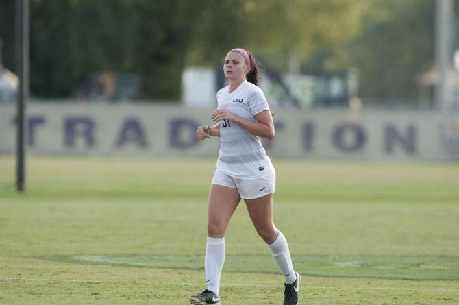 LSU senior defender Debbie Hahn (31) runs during the Tigers' 0-1 loss against Vanderbilt on Sunday, Sept. 17, 2017, at the LSU Soccer Stadium.